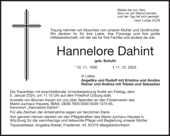 Traueranzeige von Hannelore Dahint von Neue Presse Coburg