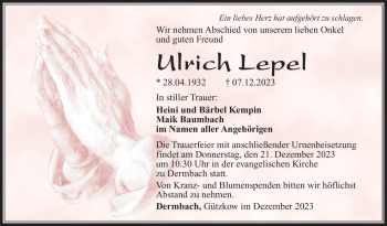Traueranzeige von lrich Lepel von Südthüringer Presse