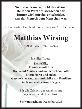 Traueranzeige von Matthias Wirsing von Südthüringer Presse