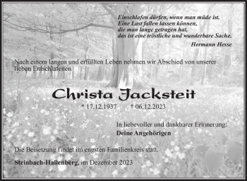 Traueranzeige von Christa Jacksteit von Südthüringer Presse