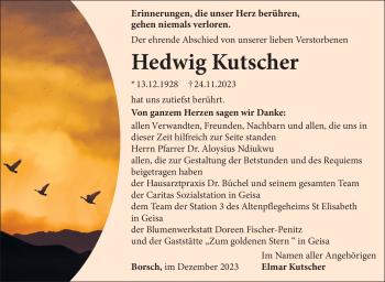 Traueranzeige von Hedwig Kutscher von Südthüringer Presse