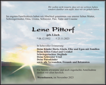Traueranzeige von Lene Pittorf von Südthüringer Presse