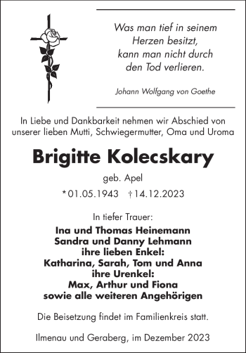 Traueranzeige von Brigitte Kolecskary von Südthüringer Presse