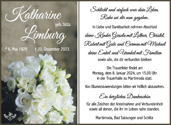 Traueranzeige von Katharine Limburg von Südthüringer Presse