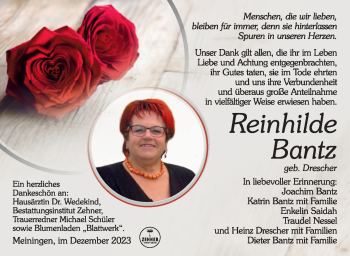 Traueranzeige von Reinhilde Bantz von Südthüringer Presse