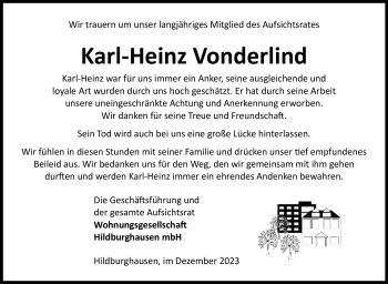 Traueranzeige von Karl-Heinz Vonderlind von Südthüringer Presse