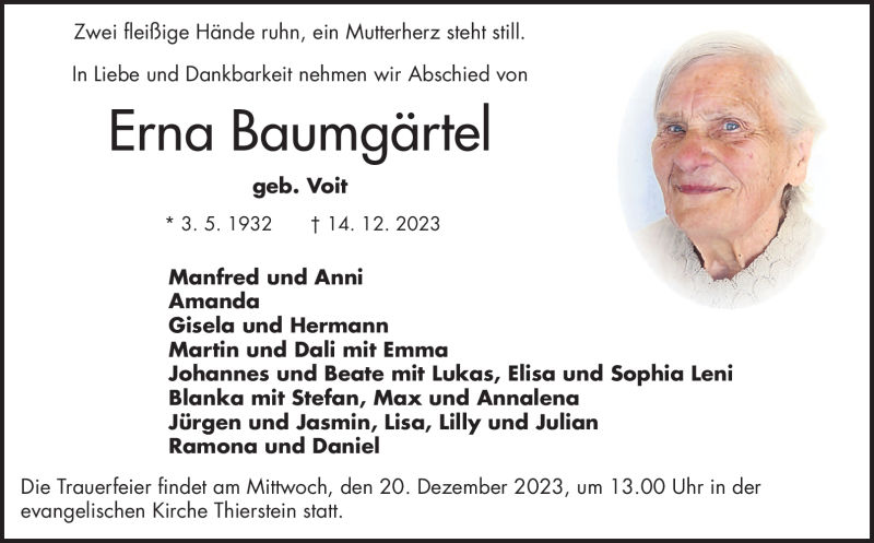  Traueranzeige für Erna Baumgärtel vom 19.12.2023 aus Frankenpost