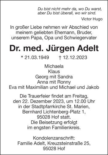 Traueranzeige von Jürgen Adelt von Frankenpost