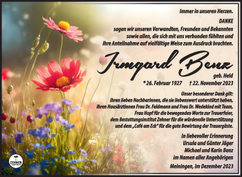 Traueranzeige von Irmgard Benz von Südthüringer Presse