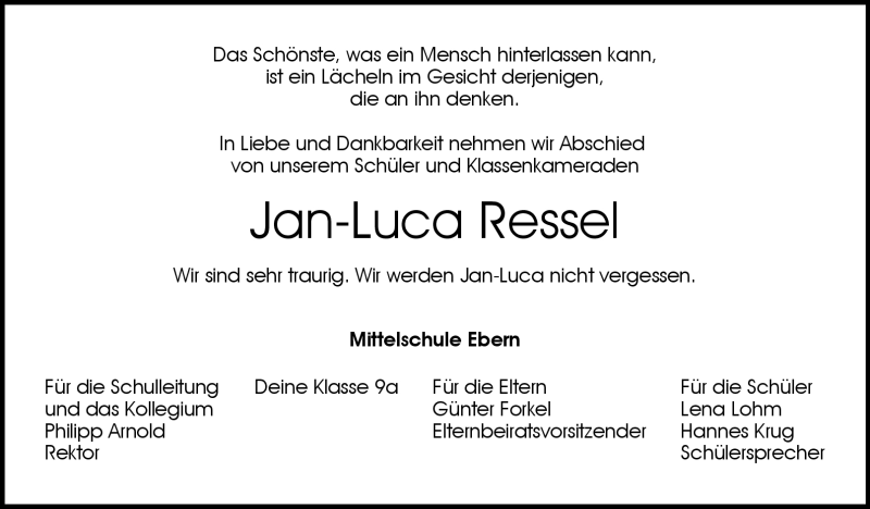  Traueranzeige für Jan-Luca Ressel vom 02.12.2023 aus Neue Presse Coburg
