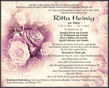 Traueranzeige von Ritta Heinig von Südthüringer Presse