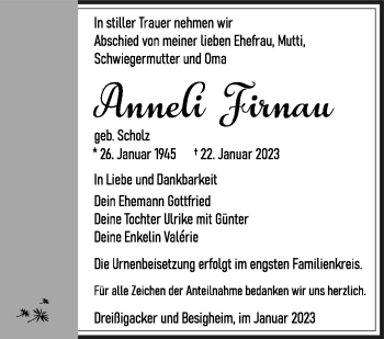Traueranzeige von Annelie Firnau von Südthüringer Presse