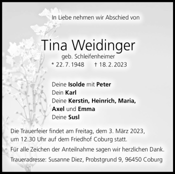 Traueranzeige von Tina Weidinger von Neue Presse Coburg
