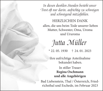 Traueranzeige von Jutta Müller von Südthüringer Presse