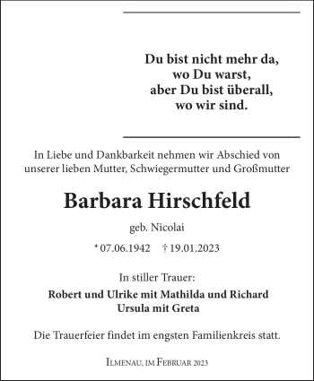 Traueranzeige von Barbara Hirschfeld von Südthüringer Presse