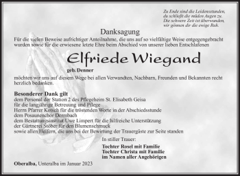 Traueranzeige von Elfriede Wiegand von Südthüringer Presse