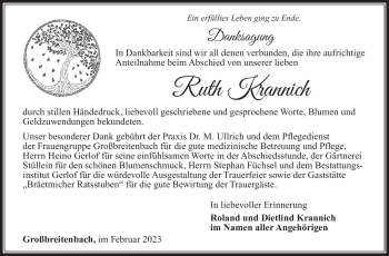 Traueranzeige von Ruth Krannich von Südthüringer Presse