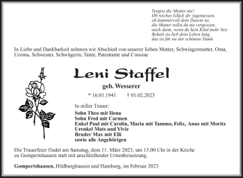 Traueranzeige von Leni Staffel von Südthüringer Presse