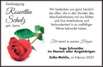Traueranzeige von Roswitha Schulz von Südthüringer Presse
