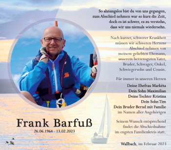 Traueranzeige von Frank Barfuß von Südthüringer Presse