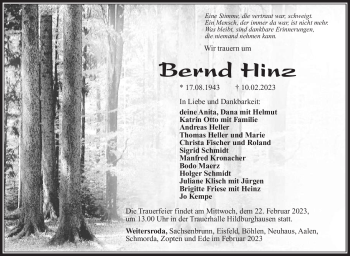 Traueranzeige von Bernd Hinz von Südthüringer Presse