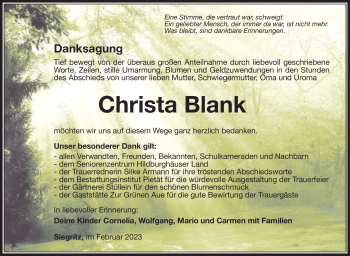 Traueranzeige von Christa Blank von Südthüringer Presse