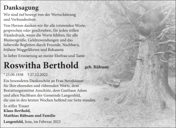 Traueranzeige von Roswitha Berthold von Südthüringer Presse