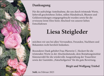 Traueranzeige von Liesa Steigleder von Südthüringer Presse