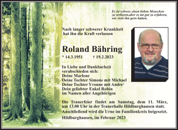 Traueranzeige von Roland Bähring von Südthüringer Presse