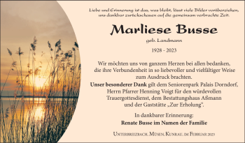 Traueranzeige von Marliese Busse von Südthüringer Presse