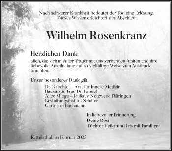 Traueranzeige von Wilhelm Rosenkranz von Südthüringer Presse