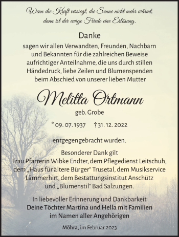 Traueranzeige von Melitta Ortmann von Südthüringer Presse