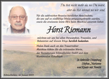 Traueranzeige von Horst Riemann von Südthüringer Presse