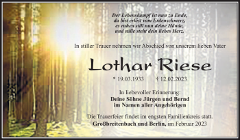 Traueranzeige von Lothar Riese von Südthüringer Presse