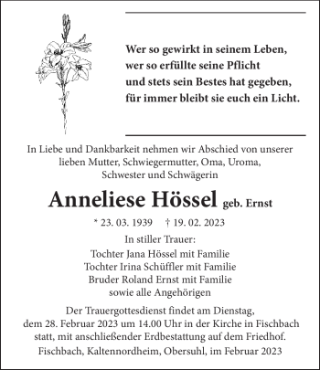 Traueranzeige von Anneliese Hössel von Südthüringer Presse