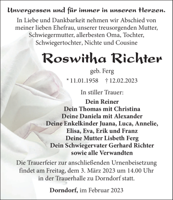 Traueranzeige von Roswitha Richter von Südthüringer Presse