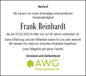 Traueranzeige von Frank Reinhardt von Südthüringer Presse
