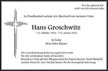 Traueranzeige von Hans Groschwitz von Frankenpost