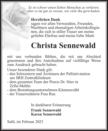 Traueranzeige von Christa Sennewald von Südthüringer Presse