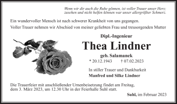 Traueranzeige von Thea Lindner von Südthüringer Presse