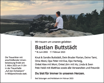 Traueranzeige von Bastian Buttstädt von Südthüringer Presse