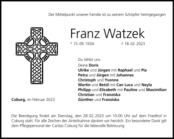Traueranzeige von Franz Watzek von Neue Presse Coburg