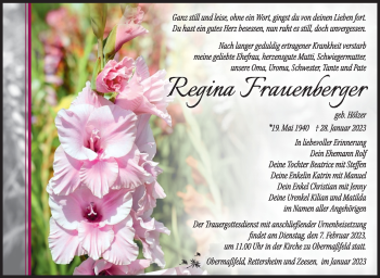 Traueranzeige von Regina Frauenberger von Südthüringer Presse