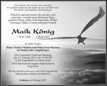 Traueranzeige von Maik König von Südthüringer Presse