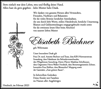 Traueranzeige von Elisabeth Büchner von Südthüringer Presse