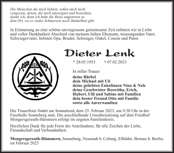 Traueranzeige von Dieter Lenk von Südthüringer Presse
