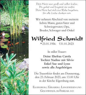 Traueranzeige von Wilfried Schmidt von Südthüringer Presse