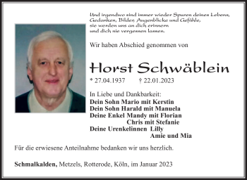 Traueranzeige von Horst Schwäblein von Südthüringer Presse