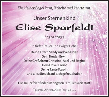 Traueranzeige von Elise Sparfeldt von Südthüringer Presse
