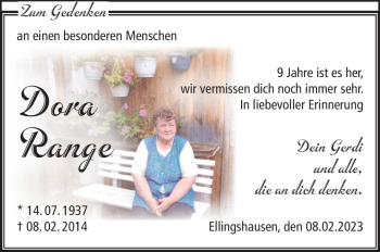 Traueranzeige von Dora Range von Südthüringer Presse